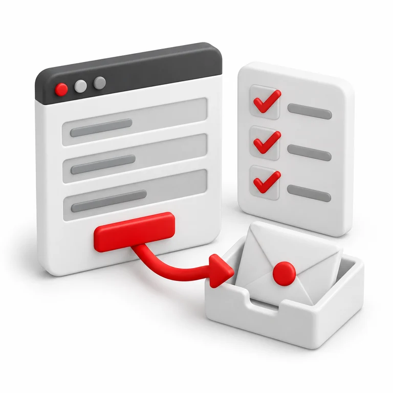Illustration of a website form connected to an inbox beside a checklist with red check marks.