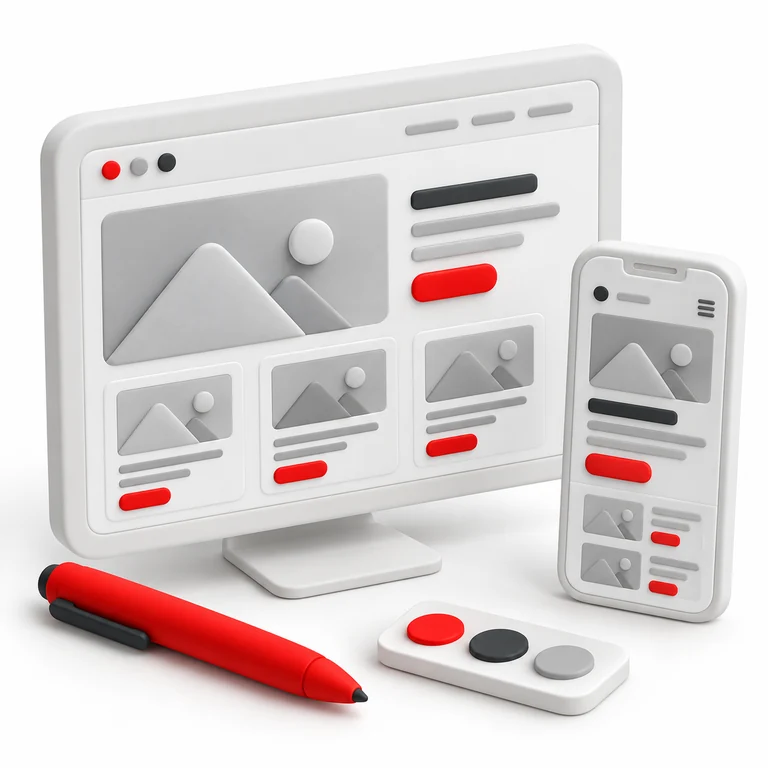 Illustration of matching desktop and mobile layouts with a red design pen and colour swatches.