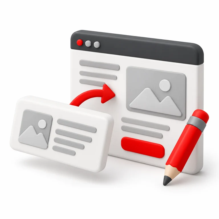 Illustration of a content card moving into a website, with a red editing pencil.