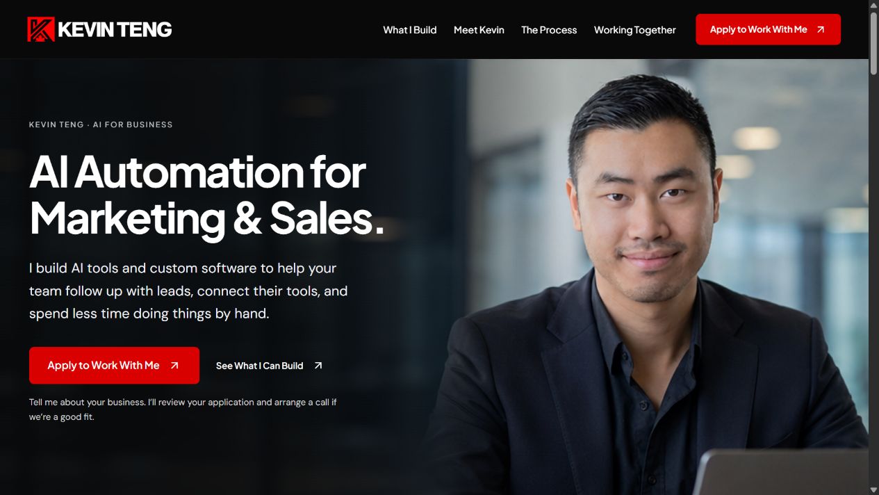 Screenshot of Kevin Teng’s business website showing the AI automation offer, navigation, portrait, and application button.