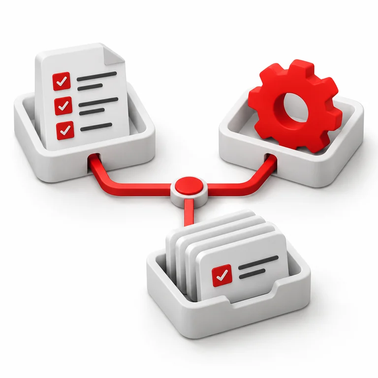 Illustration of organized work trays, documents, and a gear representing a connected content workflow.