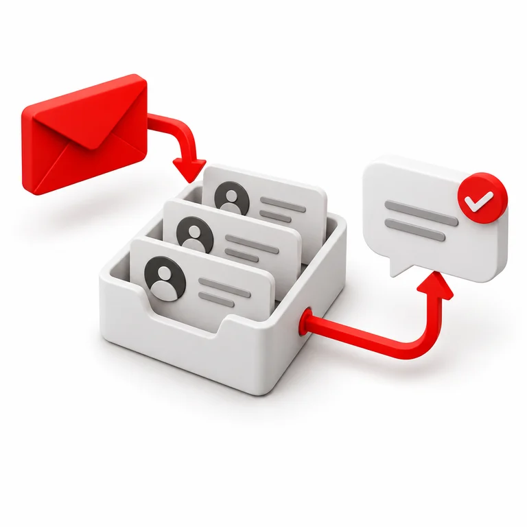 Illustration of a message moving through contact cards to a reply.