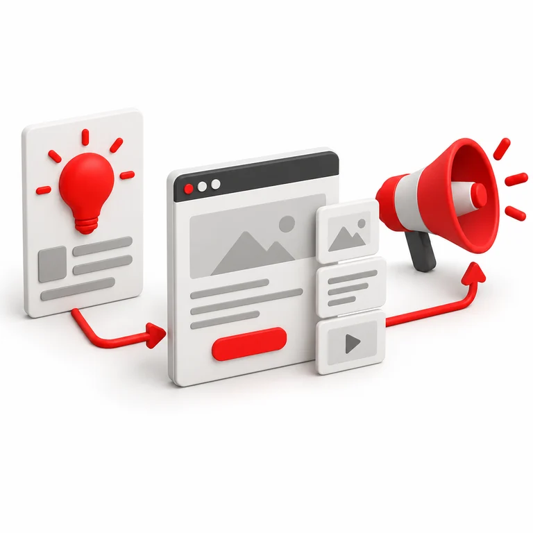 Illustration of a campaign idea, a content layout, and a red megaphone.